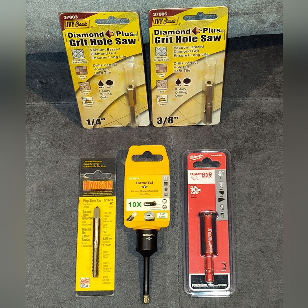 NEW 4 DIAMOND TIP BITS FOR DRILLING PORCELAIN,GRANITE, TILES, & 1 PLUG STYLE TAP